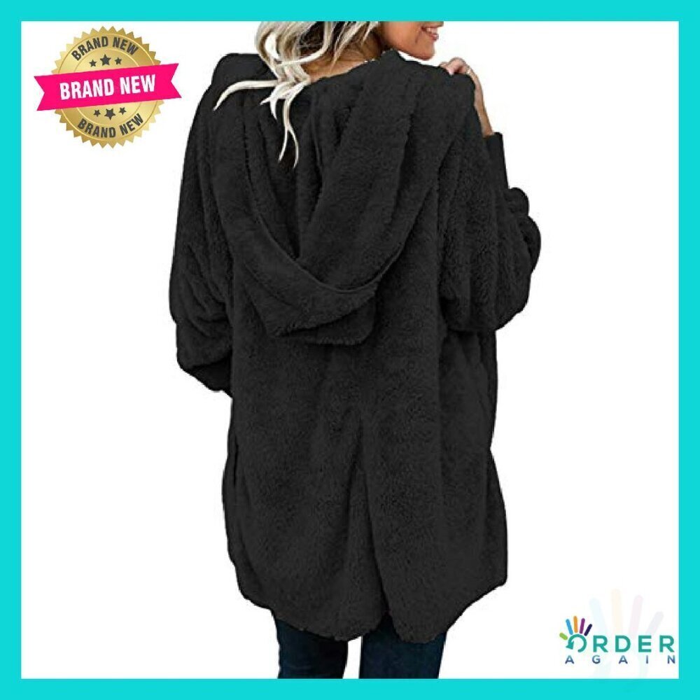 Oversized Fuzzy Fleece Open Front Hooded Cardigan Jacket Cozy Chic - Picture 3 of 8